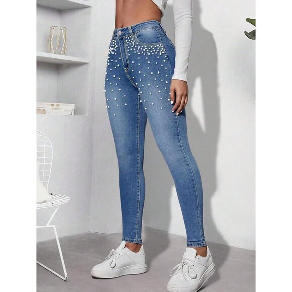 Women's Stretch Skinny Jeans Pearl Embellished Casual Fashion Denim Pants - Picture 5 of 6